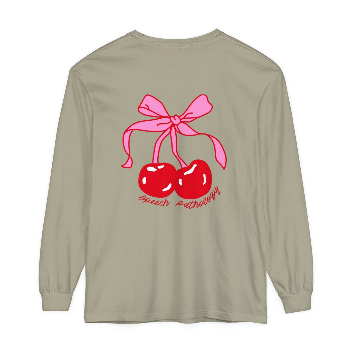 Speech Pathology Bow Cherries Long Sleeve Comfort Colors T-Shirt | Front and Back Print