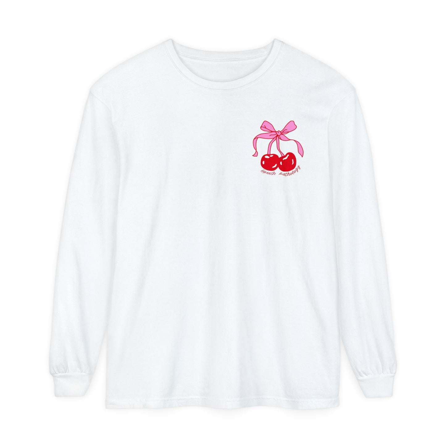 Speech Pathology Bow Cherries Long Sleeve Comfort Colors T-Shirt | Front and Back Print