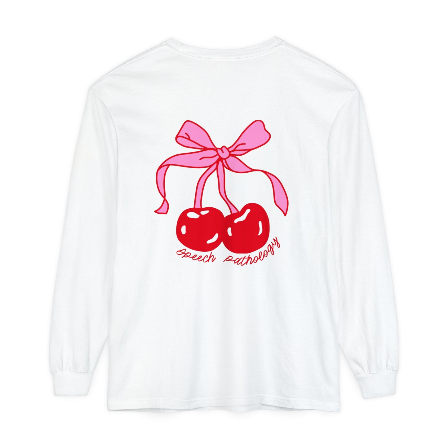 Speech Pathology Bow Cherries Long Sleeve Comfort Colors T-Shirt | Front and Back Print