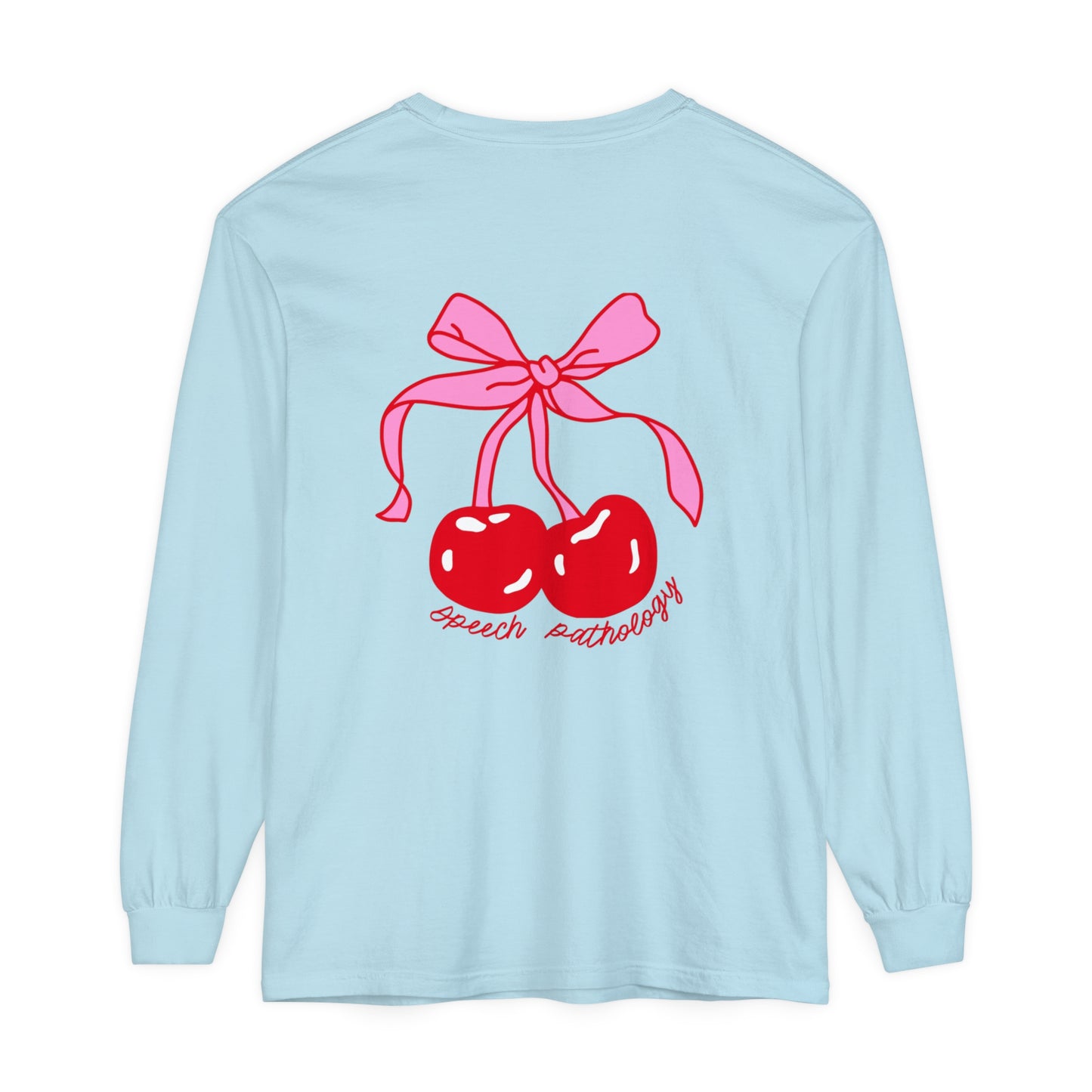 Speech Pathology Bow Cherries Long Sleeve Comfort Colors T-Shirt | Front and Back Print