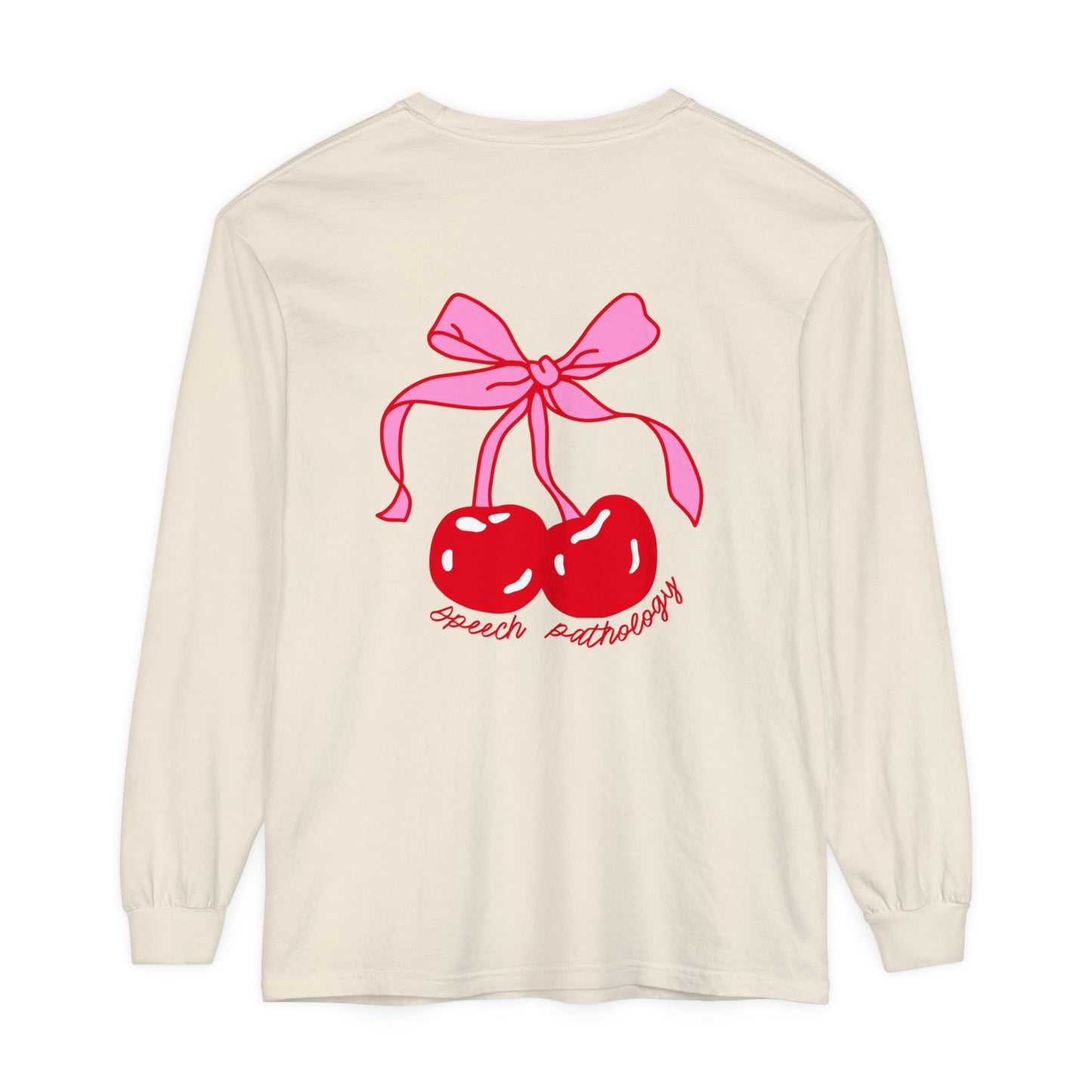 Speech Pathology Bow Cherries Long Sleeve Comfort Colors T-Shirt | Front and Back Print