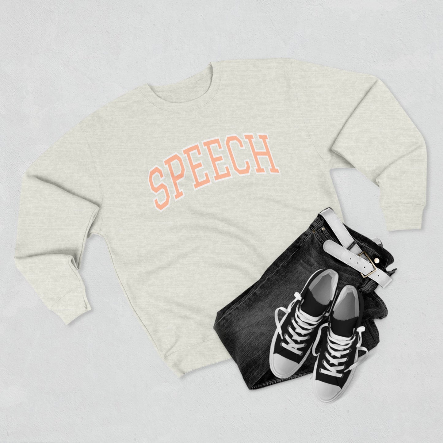 Speech Collegiate Style Premium Crewneck Sweatshirt | Peach Font