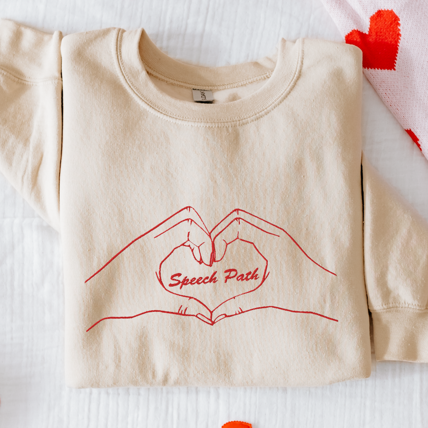 Embroidered Speech Path Heart Hands Sweatshirt