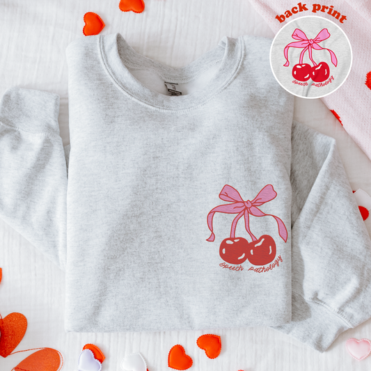 Speech Pathology Bow Cherries Crewneck Sweatshirt | Front Embroidery and Back Print