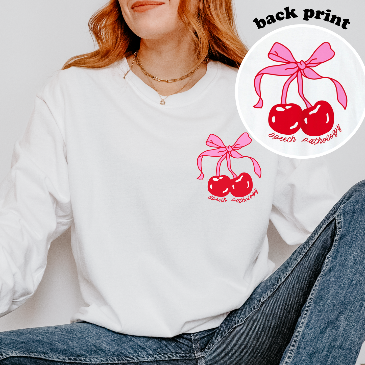 Speech Pathology Bow Cherries Long Sleeve Comfort Colors T-Shirt | Front and Back Print