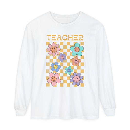 Teacher Distressed Retro Daisy Long Sleeve Comfort Colors T-shirt